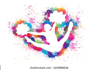 Cheerleader Logo Design. Sports Background. Colorful Dancing bright ink splashes. White silhouette of girl leading. Pom Poms, Icon, Symbol, Exercises, Equipment, Healthcare. Vector illustration.