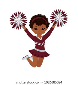  Cheerleader in maroon and silver uniform with Pom Poms. Vector illustration isolated on white background. 