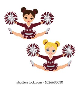  Cheerleader in maroon and silver uniform with Pom Poms. Vector illustration isolated on white background. 