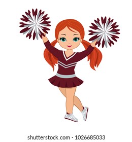  Cheerleader in maroon and silver uniform with Pom Poms. Vector illustration isolated on white background. 