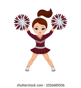  Cheerleader in maroon and silver uniform with Pom Poms. Vector illustration isolated on white background. 