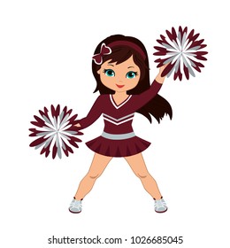  Cheerleader in maroon and silver uniform with Pom Poms. Vector illustration isolated on white background. 