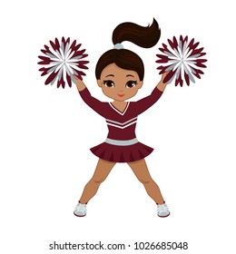  Cheerleader in maroon and silver uniform with Pom Poms. Vector illustration isolated on white background. 
