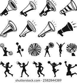 Cheerleader Megaphones and Pom-poms, Cheer Horn Icons Set Silhouette. Cheerleading horn animated icon. Megaphone Bundle. Sports Cheers Vector.