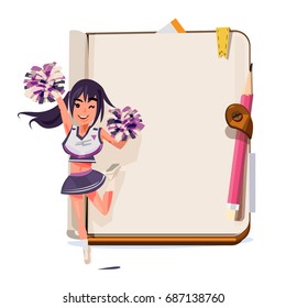 Cheerleader with notebook paper for notes. cheers up concept - vector illustration