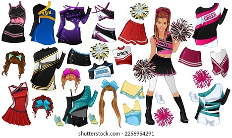 Cheerleader Paper Doll with Beautiful Woman, Outfits, Hairstyles and Pom Poms. Vector Illustration