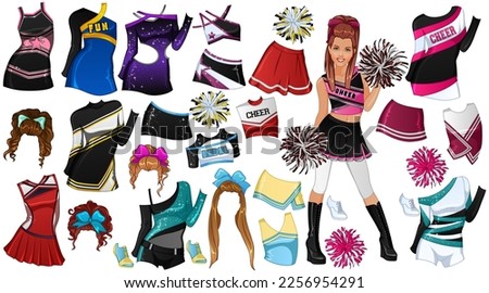 Cheerleader Paper Doll with Beautiful Woman, Outfits, Hairstyles and Pom Poms. Vector Illustration Zdjęcia stock © 