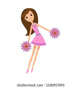 Cheerleader in pink dress dancing with pompons vector illustration