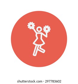 Cheerleader with pom thin line icon for web and mobile minimalistic flat design. Vector white icon inside the red circle.