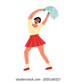 A cheerleader with pompoms. Dancing to support the team. A high school girl in a sports uniform. A cheerleader with her hands above her head. Vector illustration.