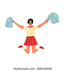 A cheerleader with pompoms. Dancing to support the team. A high school girl in a sports uniform. The cheerleader is on her knees with her hands raised to the sides. Vector illustration.