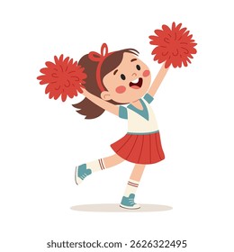 Cheerleader with pompoms. Girl cheerleader energize the crowd during sporting events. Cheerleading. Vector illustration for children on white background