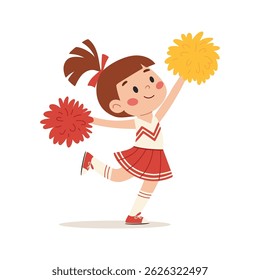 Cheerleader with pompoms. Girl cheerleader energize the crowd during sporting events. Cheerleading. Vector illustration for children on white background