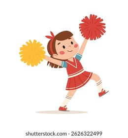 Cheerleader with pompoms. Girl cheerleader energize the crowd during sporting events. Cheerleading. Vector illustration for children on white background
