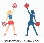 Cheerleader with pom-poms and her silhouette. Vector illustration EPS-8.