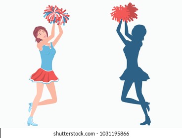 Cheerleader with pom-poms and her silhouette. Vector illustration EPS-8.