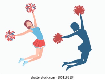 Cheerleader with pom-poms and her silhouette. Vector illustration EPS-8.