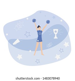 Cheerleader with pompons in flat style. Girl from the team, bugle, winner cup, stars.