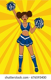 Cheerleader pop art. Black girl from the support group. Vector illustration in comic style. EPS 10.