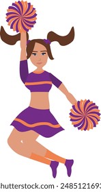 Cheerleader in purple and orange uniform with Pom Poms. cheerleading vector illustratio