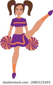 Animadora en uniforme púrpura y naranja con ilustración de Vector de animadora Pom Poms.