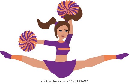 Cheerleader in purple and orange uniform with Pom Poms. cheerleading vector illustratio