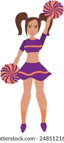 Animadora en uniforme púrpura y naranja con ilustración de Vector de animadora Pom Poms.