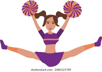 Cheerleader in purple and orange uniform with Pom Poms. cheerleading vector illustratio