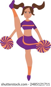 Animadora en uniforme púrpura y naranja con ilustración de Vector de animadora Pom Poms.