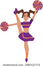 Cheerleader in purple and orange uniform with Pom Poms. cheerleading vector illustratio