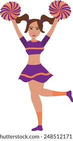 Cheerleader in purple and orange uniform with Pom Poms. cheerleading vector illustratio