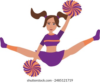 Cheerleader in purple and orange uniform with Pom Poms. cheerleading vector illustratio