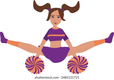 Cheerleader in purple and orange uniform with Pom Poms. cheerleading vector illustratio