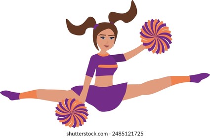 Animadora en uniforme púrpura y naranja con ilustración de Vector de animadora Pom Poms.