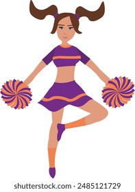 Animadora en uniforme púrpura y naranja con ilustración de Vector de animadora Pom Poms.