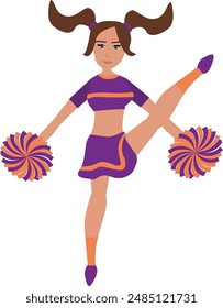 Animadora en uniforme púrpura y naranja con ilustración de Vector de animadora Pom Poms.