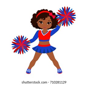 Cheerleader in red blue uniform with Pom Poms. Vector illustration isolated on white background