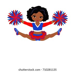 Cheerleader In Red Blue Uniform With Pom Poms. Vector Illustration Isolated On White Background