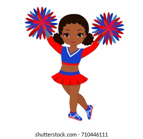 Cheerleader in red blue uniform with Pom Poms. Vector illustration isolated on white background.