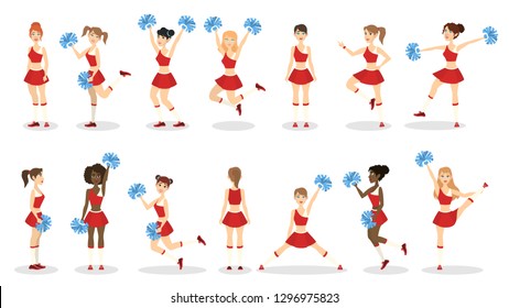 Cheerleader in red uniform set. Beautiful girl dancer jump and dance. Female character with pompon. Vector illustration in cartoon style