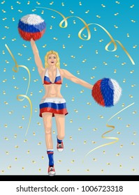 “Russian Cheerleader of Russia Fans” Cheerleader girl, confetti papers and background are in different layers.
