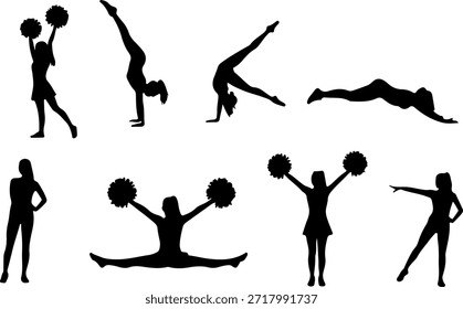 cheerleader silhouette set featuring various cheerleading poses and acrobatic gymnastics stunts isolated on white background