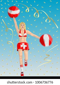 “Swiss Cheerleader of Switzerland Fans” Cheerleader girl, confetti papers and background are in different layers.
