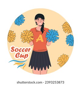Cheerleader of team concept. Woman in red tshirt and black skirt with colorful fluffy balls. Support for soccer or football team. Badge or sticker. Cartoon flat vector illustration