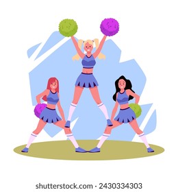 Cheerleader team performance. Vector illustration of three cheerleaders in blue uniforms, with one lifted up holding green and pink pom-poms