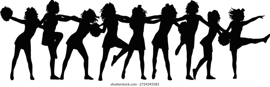 Silhueta de vetor da equipe de cheerleader, formação da linha, dança pose formação da linha, movimento energético