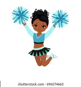 Cheerleader in turquoise uniform with Pom Poms. Vector illustration isolated on white background.