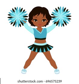 Cheerleader in turquoise uniform with Pom Poms. Vector illustration isolated on white background.