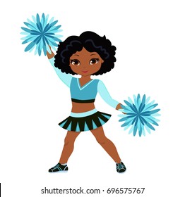 Cheerleader In Turquoise Uniform With Pom Poms. Vector Illustration Isolated On White Background.