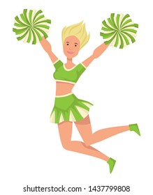 Cheerleader in uniform girl with pompoms jumping isolated female character vector cheering up sport team dancing and showing tricks support football or basketball school university or college student.